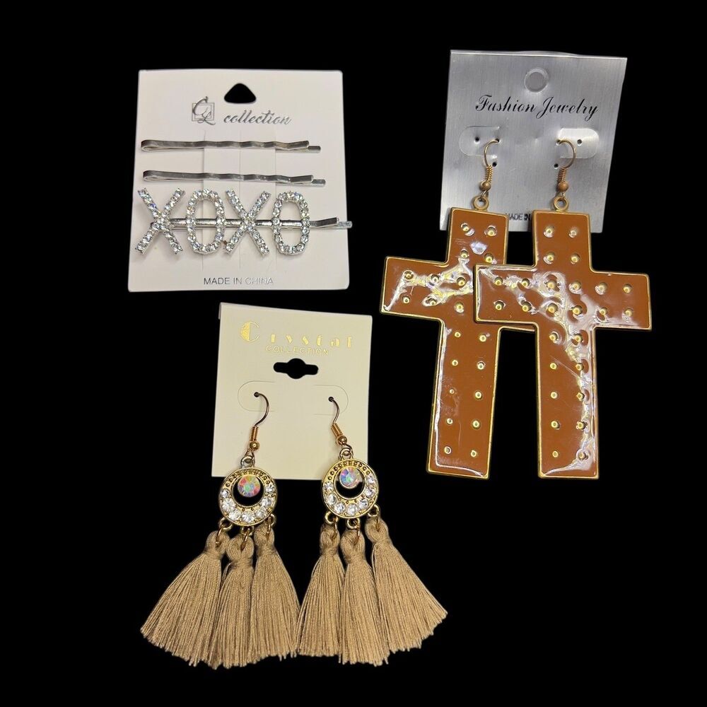 Set of 3 XOXO Hair Pins Cross Dangle Earrings Tassel Earrings Boho Statement